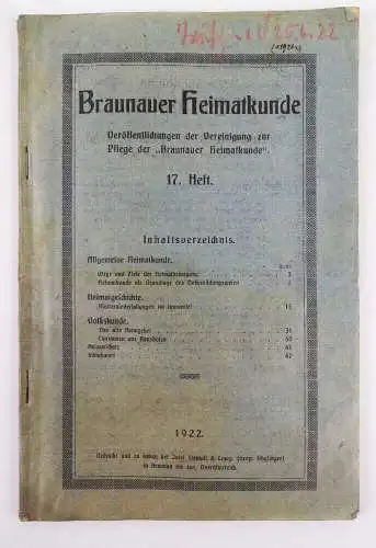 Braunauer Heimatkunde 17 Heft 1922 Braunau am Inn Österreich