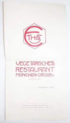 Alte Speisekarte Ethos vegetarisches Restaurant München Ottostraße 1912