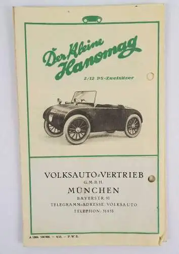 Prospekt Der kleine Hanomag 1925 Oldtimer Automobil