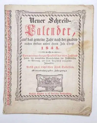 Neuer Schreib Kalender 1854 Neustadt Kempten