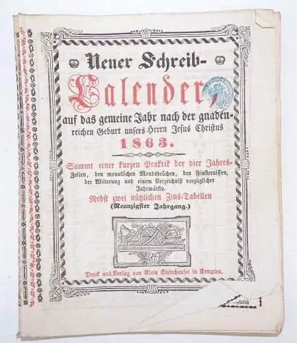 Alter Kalender Neuer Schreib Kalender 1863 Steinhauser Kempten Bayern