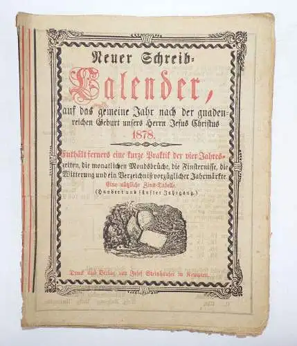 Alter Kalender Neuer Schreib Kalender 1878 Steinhauser Kempten Bayern 