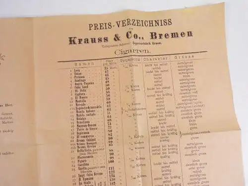 Preis Verzeichnis Krauss u Co Bremen Zigarren Tabak um 1900 Prospekt