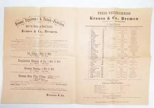 Preis Verzeichnis Krauss u Co Bremen Zigarren Tabak um 1900 Prospekt