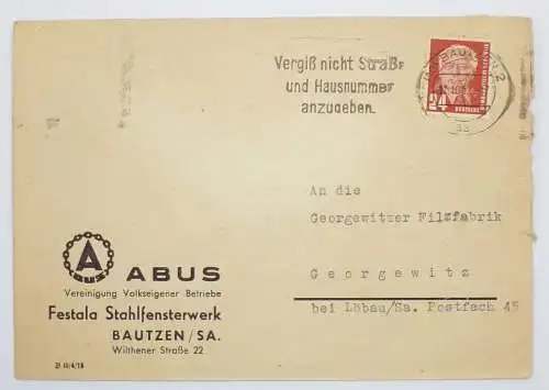 Firmen Brief Abus Festalla Stahlfenster Werk Bautzen 1952 Pieck