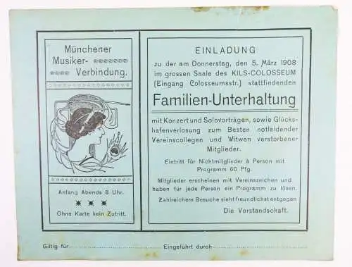 Einladung München er Musikerverbindung um 1900 Jugendstil