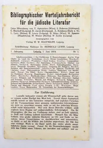 Bibliographischer Vierteljahresbericht für die jüdische Literatur 1914