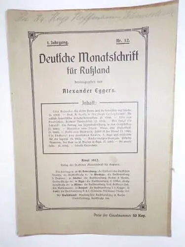 Deutsche Monatsschrift für Russland Alexander Eggers 1912 Reval