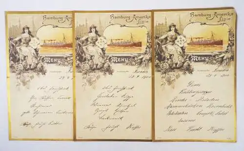 Hamburg Amerika Linie Menü Karte 3 x Speisekarte 1900 Litho 