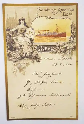 Hamburg Amerika Linie Menü Karte 3 x Speisekarte 1900 Litho