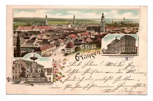 Litho Ak Gruss aus Erlangen Kunstbrunnen Universität