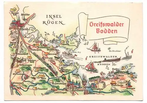 Ak Insel Rügen Karte Orte Greifswalder Bodden 1962