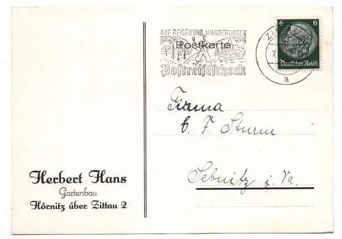 Postkarte Herbert Hans Gartenbau Zittau 1942