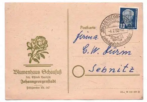 Postkarte Blumenhaus Schaufuß Johanngeorgenstadt 1952