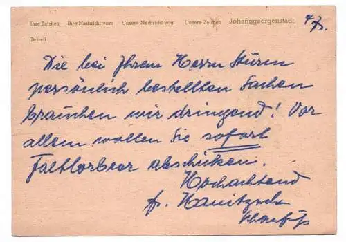 Postkarte Blumenhaus Schaufuß Johanngeorgenstadt 1952