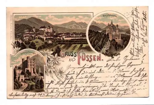 Litho Ak Gruss aus Füssen Hohenschwangau 1899