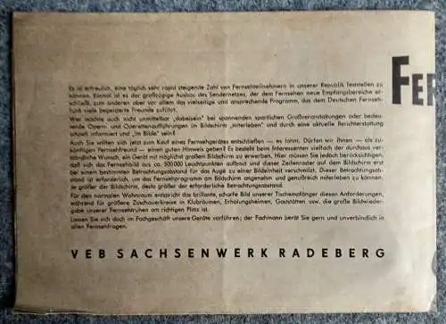 Alte Reklame VEB Sachsenwerk Radeberg Fernsehen Prospekt RFT 1955