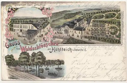 Litho Ak Gruss vom Waldschlösschen am Höhlteich b Oelsnitz i E 1900 A3379