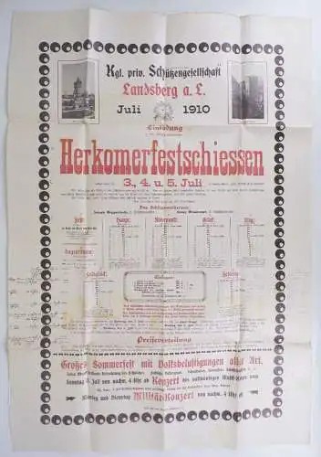 Plakat 1910 Landsberg Lech Herkomerfestschiessen Schützengesellschaft 