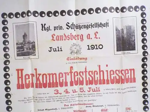 Plakat 1910 Landsberg Lech Herkomerfestschiessen Schützengesellschaft