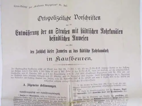 Polizei Vorschriften Straßen Entwässerung 1897 Kaufbeuren