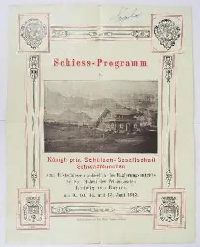 Schwabmünchen Schiess Programm 1913 Schützengesellschaft Prospekt