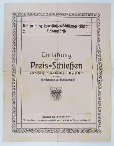 Altes Prospekt Donauwörth Feuerstutzen Schützengesellschaft 1910