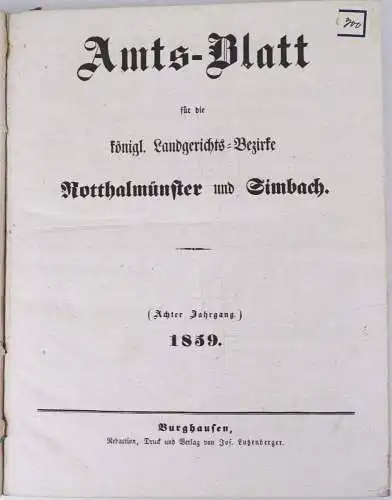 Amtsblatt Landgerichts Bezirke Rotthalmünster und Simbach 1859 Burghausen