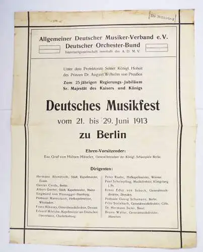 Berlin Deutsches Musikfest 1913 Regierungs Jubiläum Kaiser Wilhelm Programm