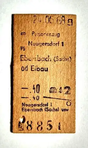 Personenzug Fahrschein 1968 Neugersdorf nach Ebersbach Sachsen od Eibau