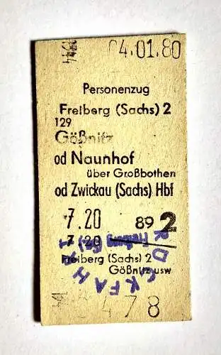 Fahrschein Personenzug Naunhof nach Zwickau 1980