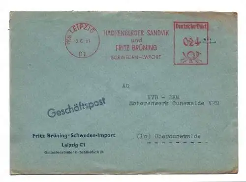 Geschäftspost Brief Fritz Brüning Schweden Import Leipzig 1951