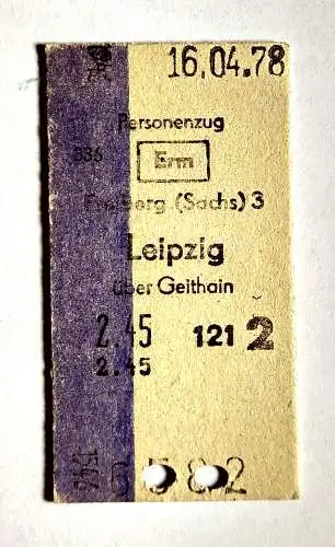 Freiberg Sachsen nach Leipzig über Geithain alter Fahrschein 1978