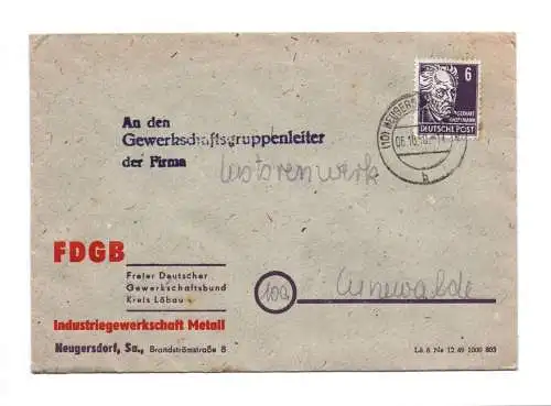 Brief FDGB Freier Deutscher Gewerkschaftsbund Industriegewerkschaft Metall 1950