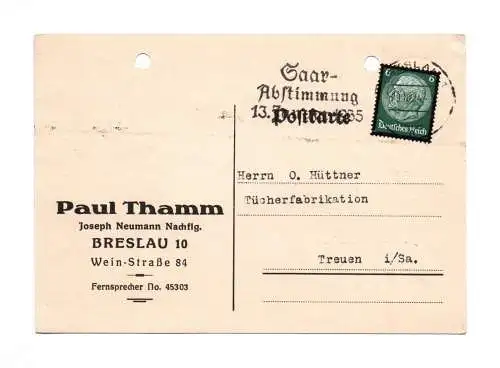 Paul Thamm Breslau Schlesien Postkarte 1934