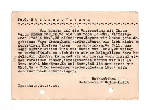 Postkarte Goldstein & Goldschmidt Breslau 1934 Schlesien