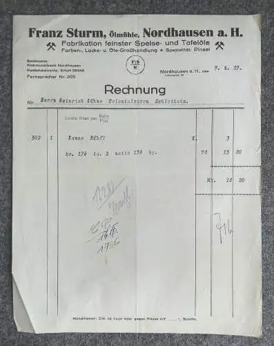 Rechnung Franz Sturm Ölmühle Nordhausen Fabrikation Speise Tafelöle 1929