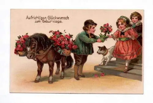 Litho Ak Aufrichtigen Glückwunsch zum Geburtstage Kinder Blumen goldgeprägt