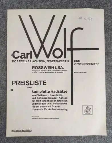 Wolf Preisliste über Automobil Federn Ausgabe 1929