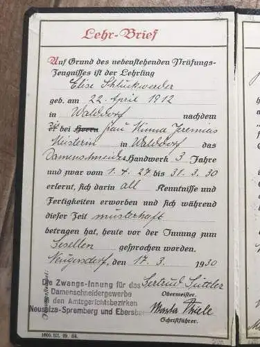 Lehrbrief Damenschneider Schneider Zeugnis Gewerbekammer Zittau 1912