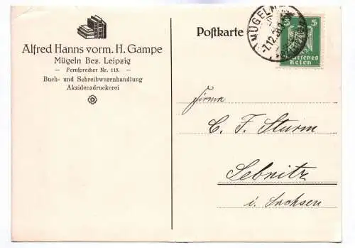 Postkarte Alfred Hanns vorm H Gampe Mügeln Bezirk Leipzig Schreibwarenhandlung 1