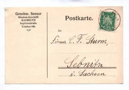 Postkarte Geschwister Seeser Blumen Geschäft Bayreuth 1925