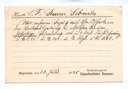 Postkarte Geschwister Seeser Blumen Geschäft Bayreuth 1925