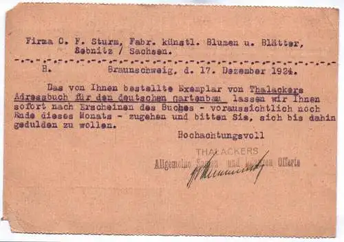 Postkarte Thalackers Allgemeine Samen und Pflanzen Offerte Braunschweig 1924