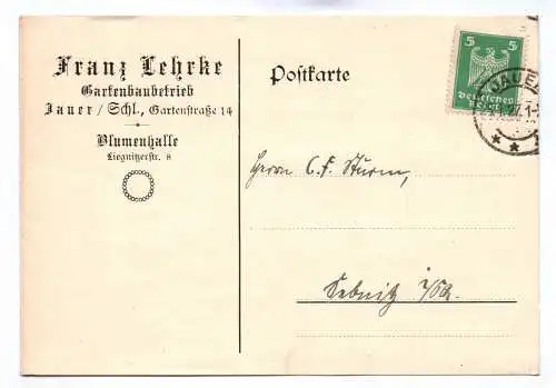 Postkarte Franz Lehrke Gartenbaubetrieb Blumenhalle 1927 Lauer Schlesien