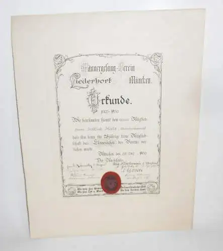 Ehrenzeichen Urkunde Männer Gesangverein Liederhort München 1930 Siegel 