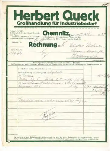 Rechnung Herbert Queck Industriebedarf Chemnitz 1925 ! (D4