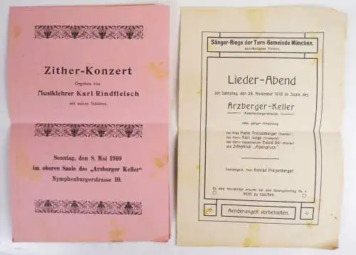 2 x Programm München Arzberger Keller 1910 Lieder Abend Zither Konzert