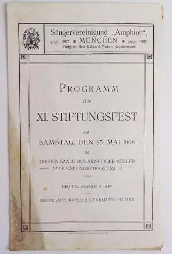 Sängervereinigung Amphion München Programm Stiftungsfest 1908