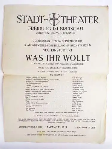 Stadt Theater Freiburg im Breisgau 1912 Was Ihr wollt Programm